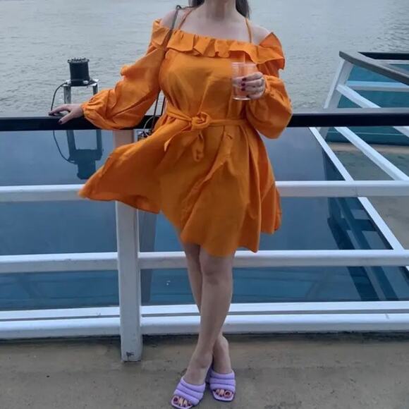 Marissa Webb Cold‎ Shoulder Dress Dress Orange Linen Blend Long Sleeve Sz 12 - Picture 7 of 15